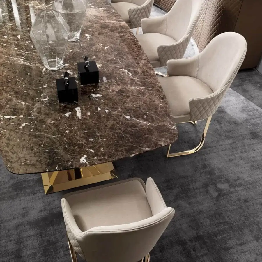 Superior DV Home Collection Deco armchair with light beige quilted textile upholstery and shiny gold steel base