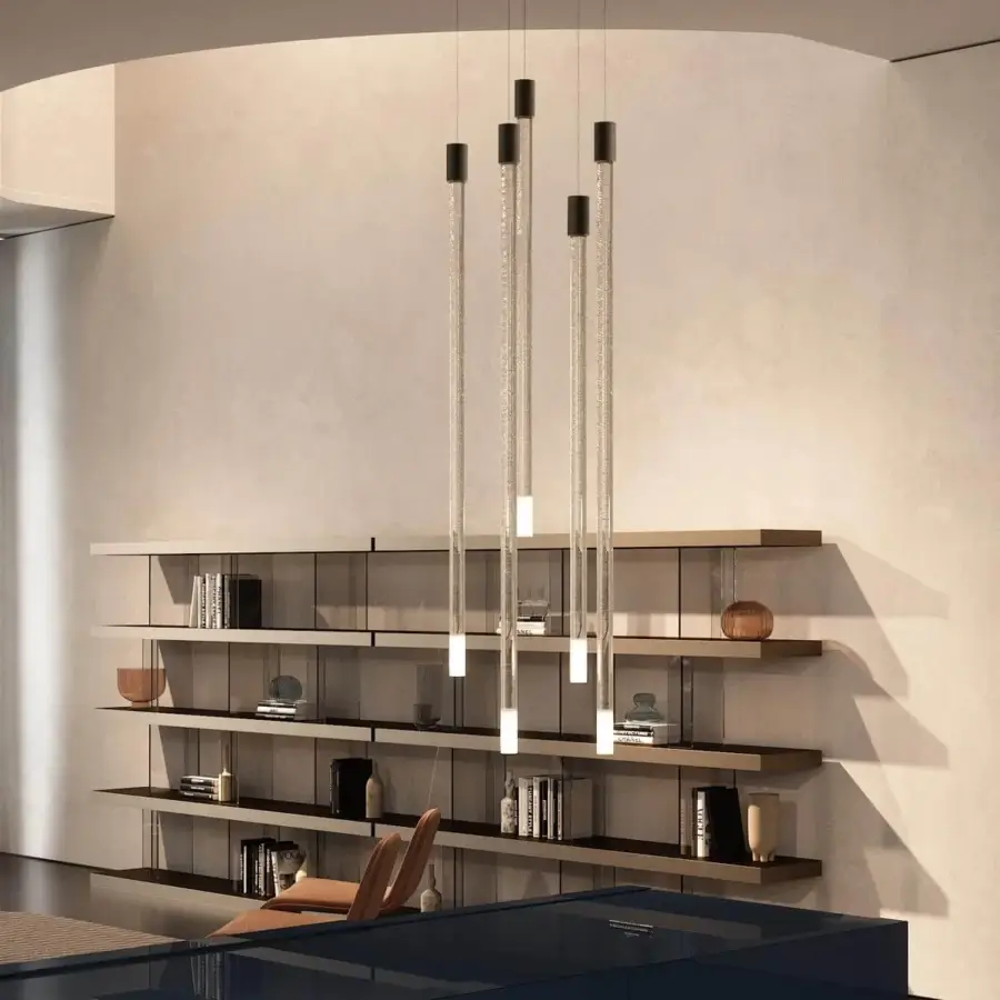 Distinguished Reflex Lucciola suspension lamp with clear Murano glass and bronze finish supporting a sandblasted LED spot