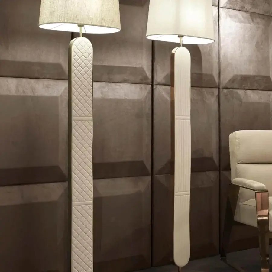 Exceptional DV Home Collection Coco floor lamp with quilted beige textile and refined neutral lampshade crafted in Italy