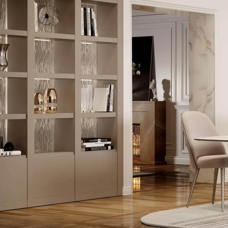Avant-garde Reflex bookcase with shiny lacquered wood structure and matte light-brown finish offering patterned illumination
