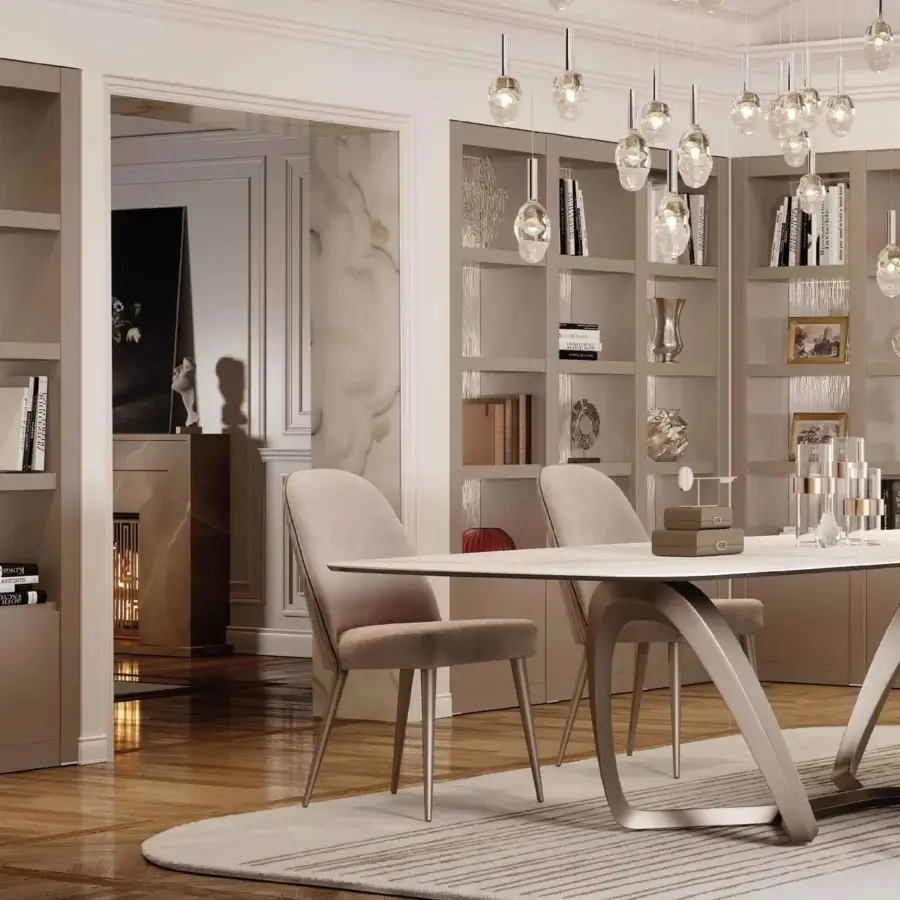 Avant-garde Reflex bookcase with shiny lacquered wood structure and textured vertical panels in warm gray-beige tone