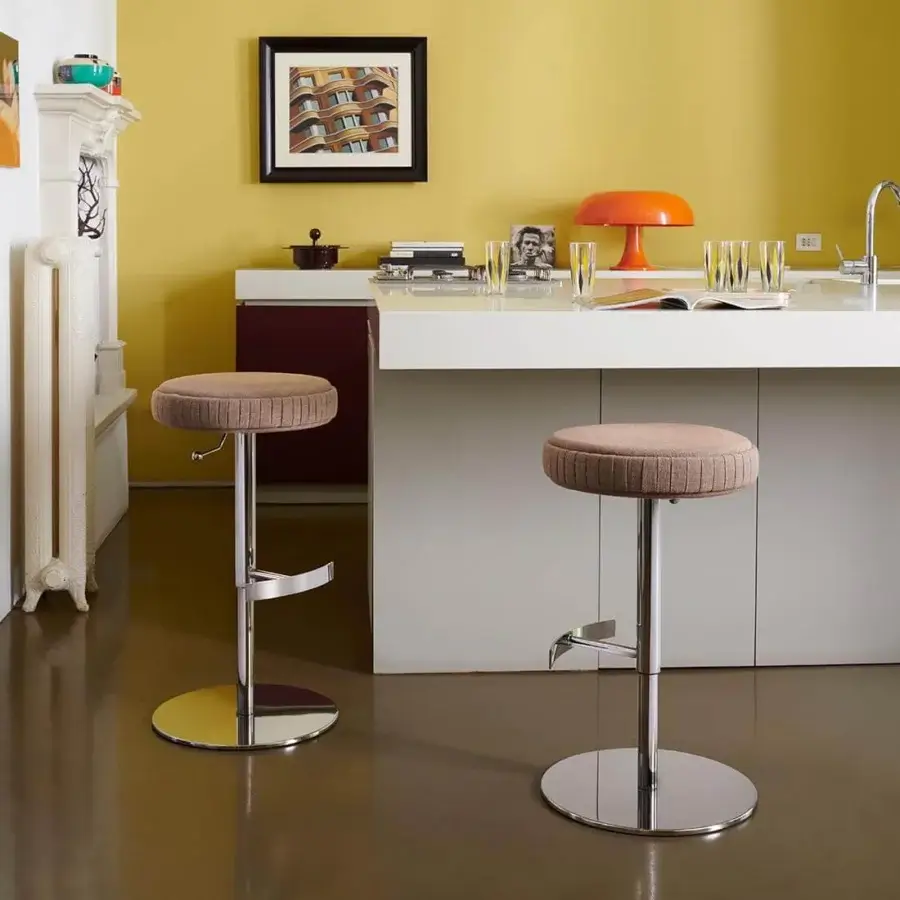 Exceptional Potocco Plisse stool with rose textile upholstery and polished metal swivel base featuring a matte finish