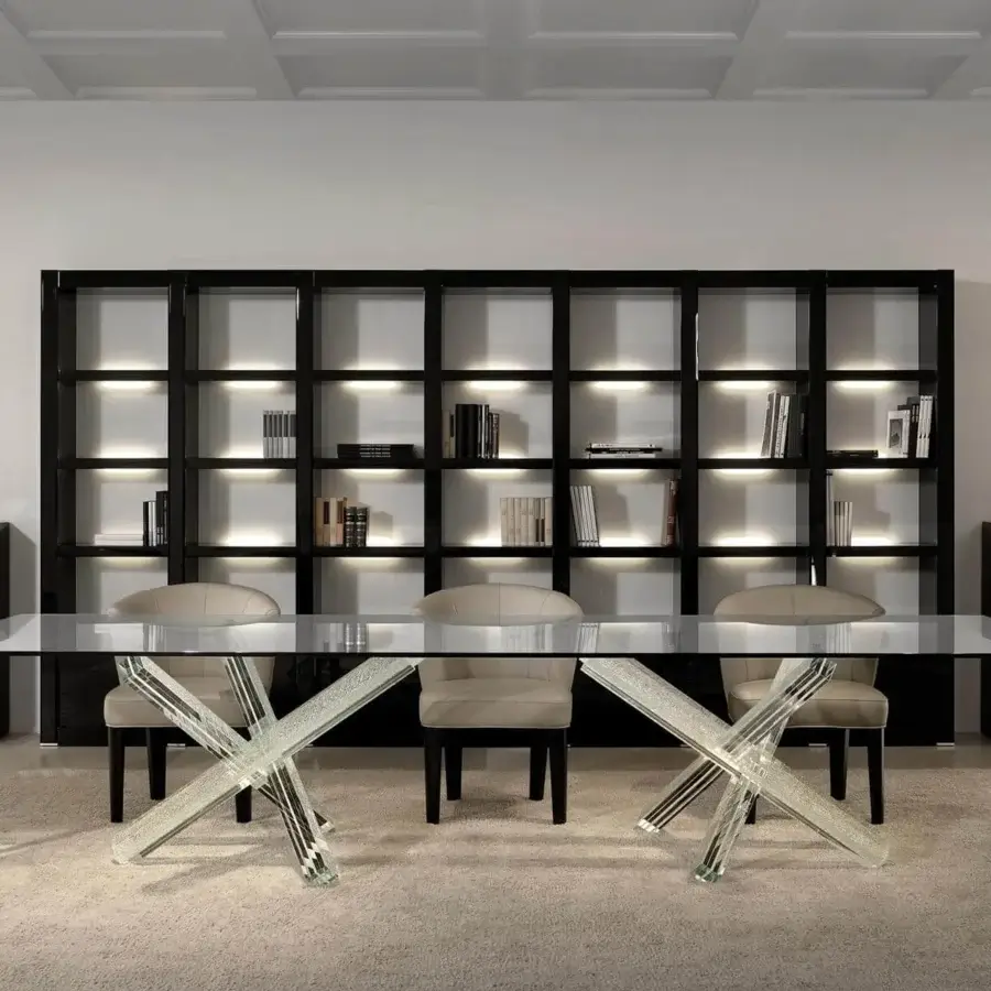 Innovative Reflex Avantgarde bookcase with shiny lacquered ebony wood and illuminated shelves