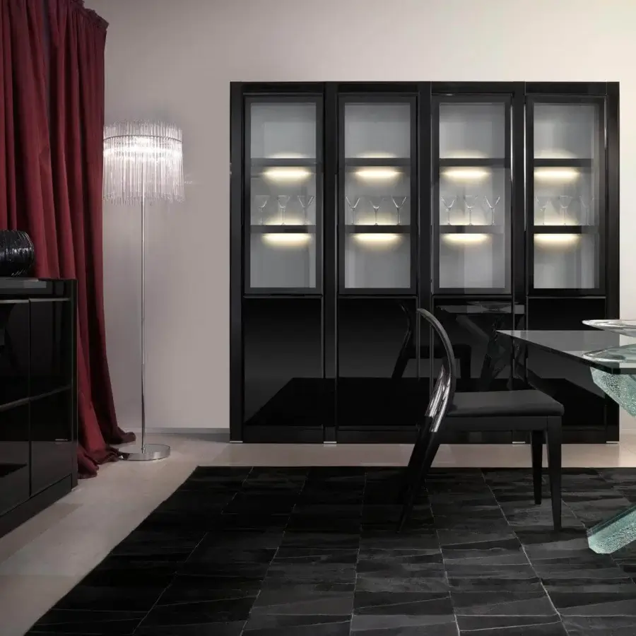 Distinguished Reflex Avantgarde bookcase with shiny lacquered wood, black cabinets and glass doors, enhanced by integrated LED lighting