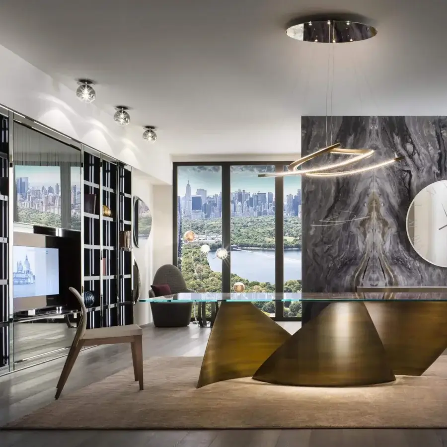 Avant-garde Reflex bookcase with shiny lacquered wood, bevelled lacquered glass and integrated vertical lighting for a modern look