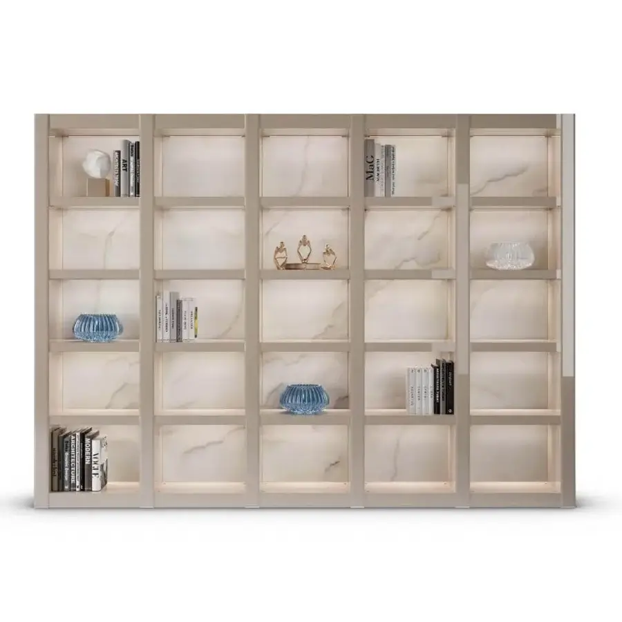 Avant-garde Reflex Avantgarde bookcase with shiny lacquered wood, bevelled lacquered glass and glowing shelves