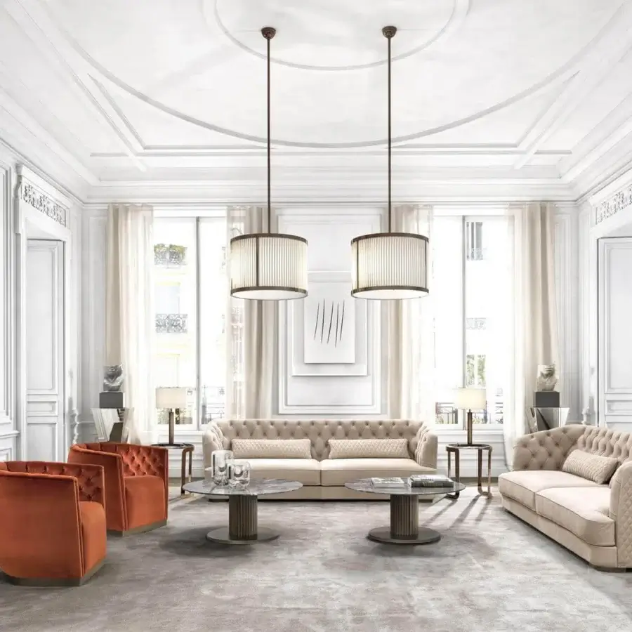 Superior DV Home Collection Epoque lounge chair with smooth orange textile upholstery and refined tufted finish