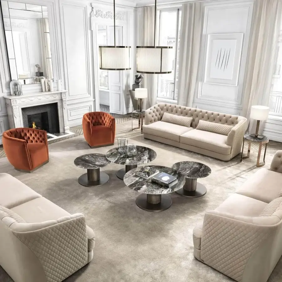 Distinguished DV Home Collection Epoque lounge chair with muted orange textile and tufted backrest built with a sleek metal base