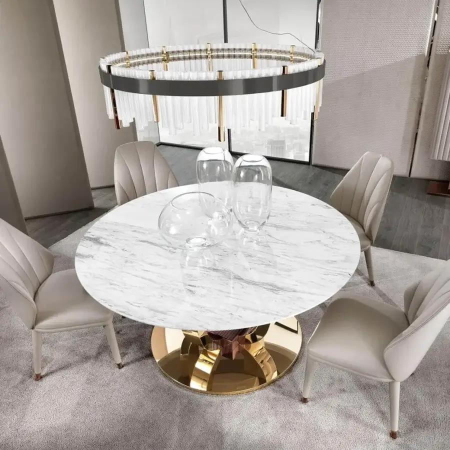 Superior DV Home Collection Hermes table with reflective gold stainless steel base and white marble-like top with gray veining
