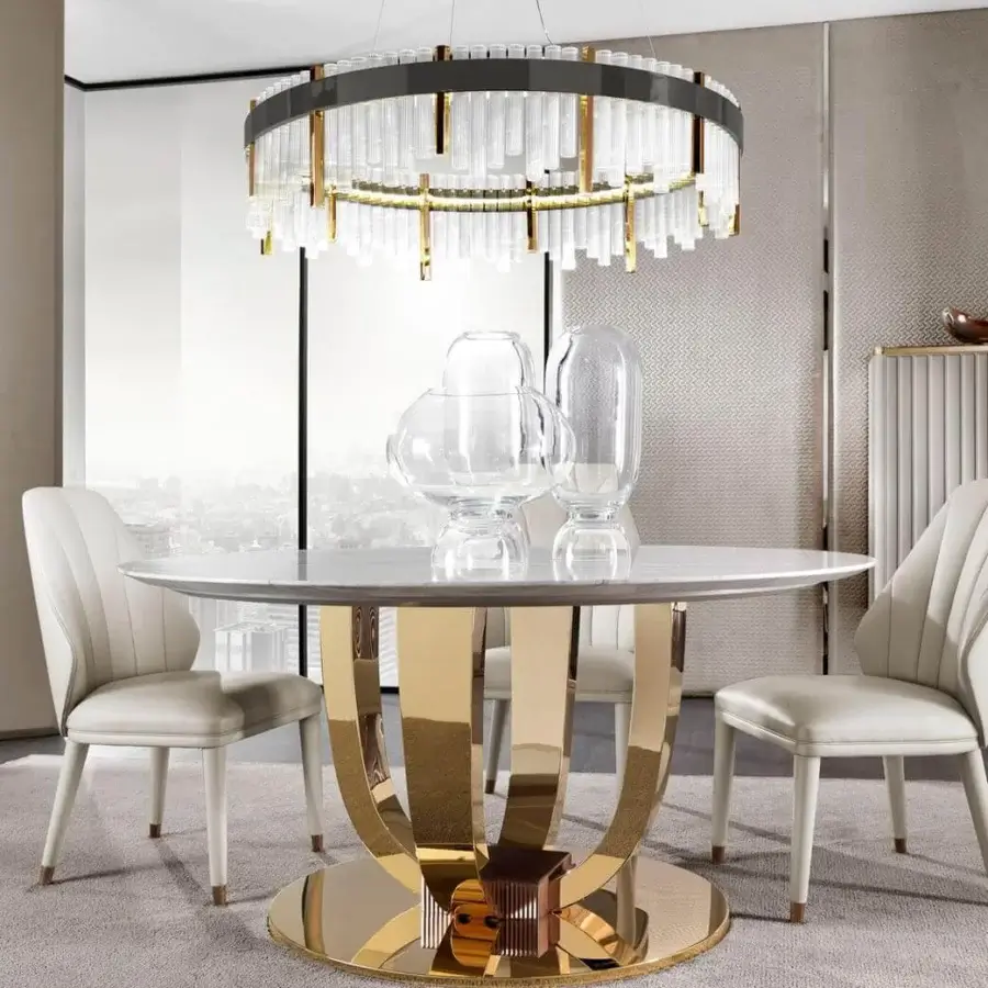 Distinguished DV Home Collection Hermes table with gold stainless steel base and light marble-like composite tabletop