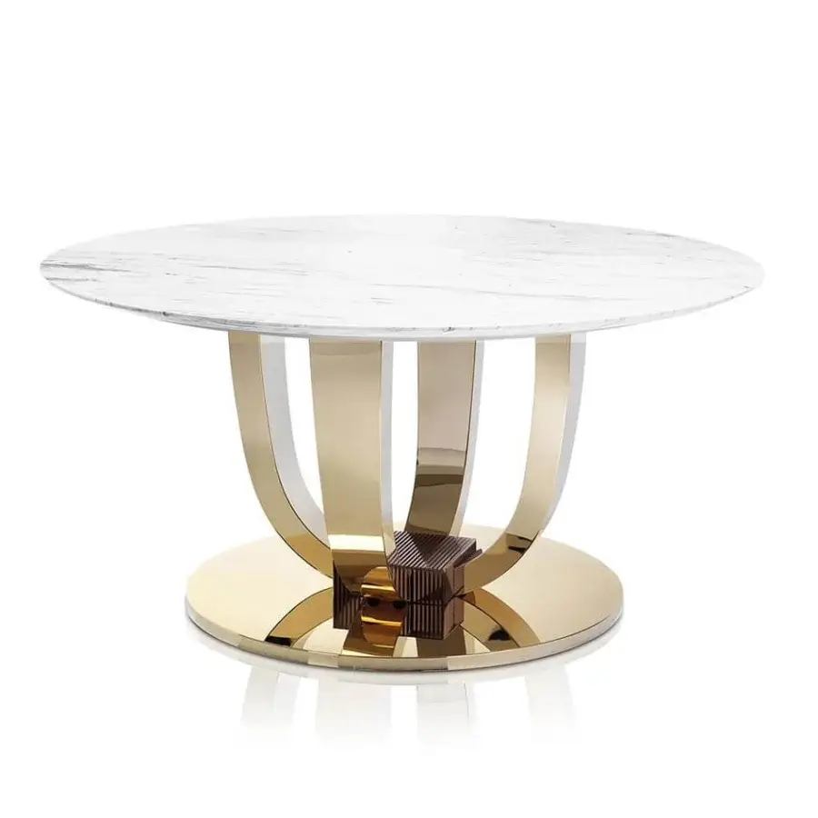 Superior DV Home Collection Hermes table with white and gray marble top and glossy gold stainless steel base crafted with a decorative wood cube