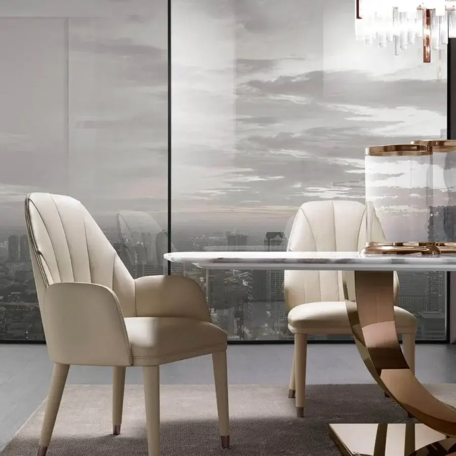 Superior DV Home Collection armchair with creamy white fabric or leather upholstery and glossy varnished solid wood legs