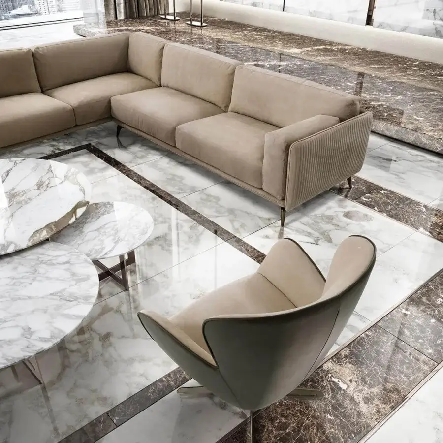 Elite DV Home Collection lounge chair upholstered in light beige fabric with smooth finish and darker synthetic outer backrest with metal base