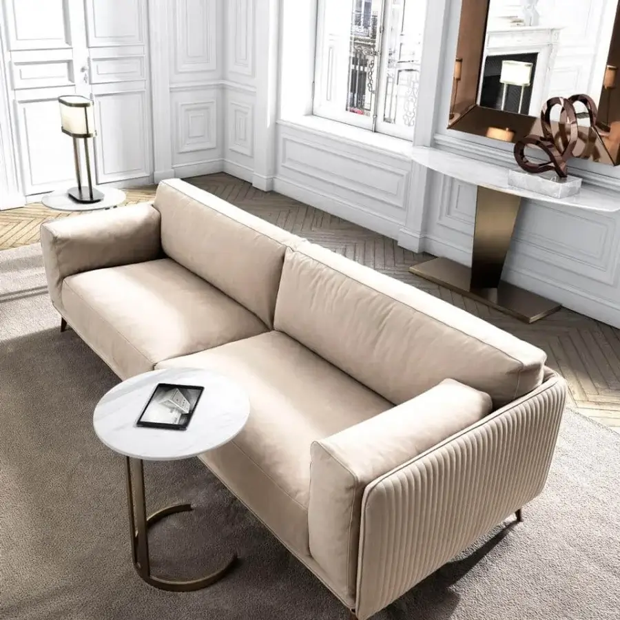 Distinguished DV Home Collection Elite sofa with light beige textile upholstery and dark-toned metal legs