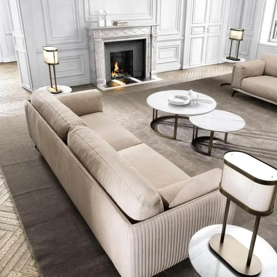 Exclusive DV Home Collection Elite sofa with light beige textile and Aston or Levante leather crafted with Cannetè quilting and dark metal feet