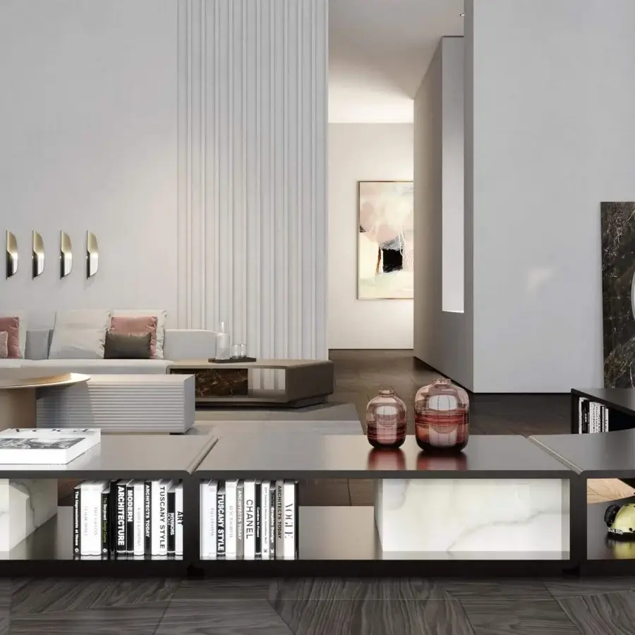 Exclusive Reflex Space bookcase with a dark gray painted metallic finish and white Marble Glass drawers