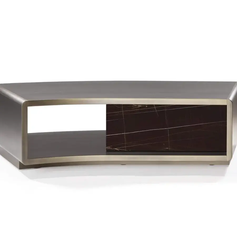 Distinguished Reflex Space bookcase with a wooden structure, metallic painted finish, and dark brown Marble Glass drawer with gold veining