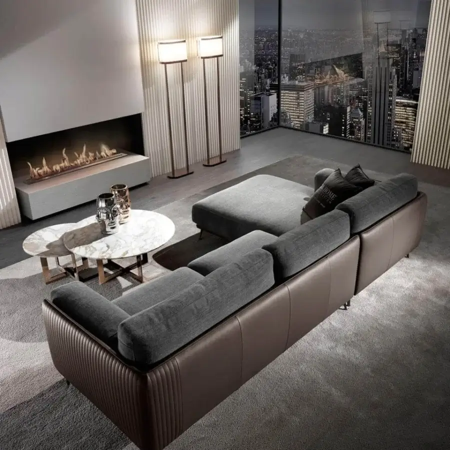 Distinguished DV Home Collection Elite sectional with dark brown Aston or Levante leather and Cannetè quilting accents