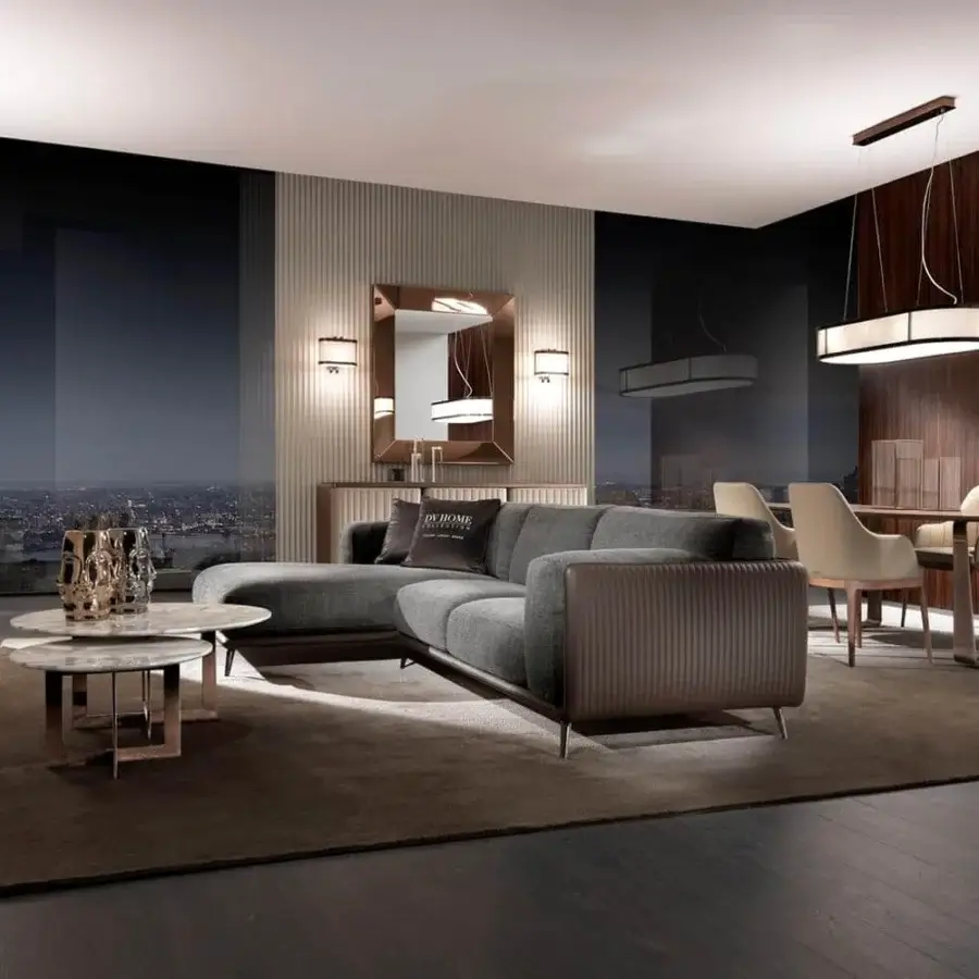 Exclusive DV Home Collection Elite sectional upholstered in gray textile with brown Levante leather and Cannetè quilting