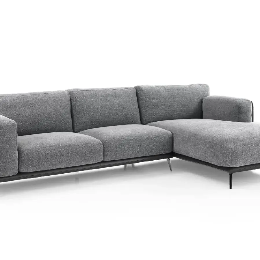 Distinguished DV Home Collection Elite sectional upholstered in textured gray fabric with solid wood and metal structure built with Aston or Levante leather