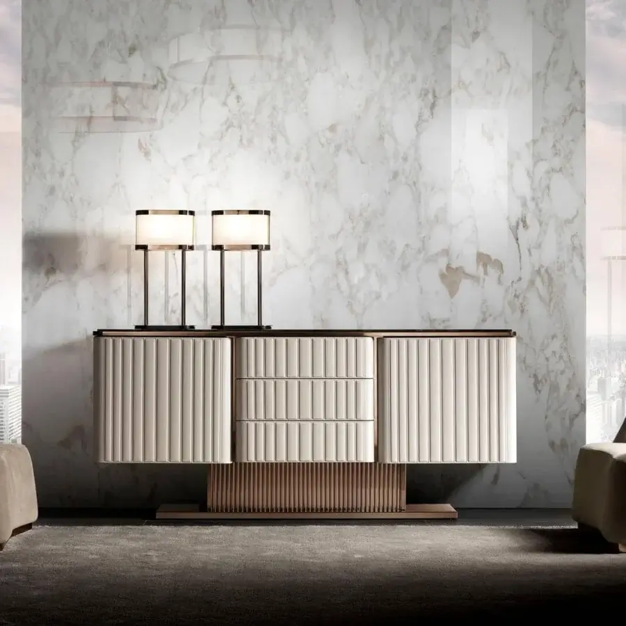 Distinguished DV Home Collection Elite sideboard with creamy beige leather front and lustrous metal frame, available with marble top