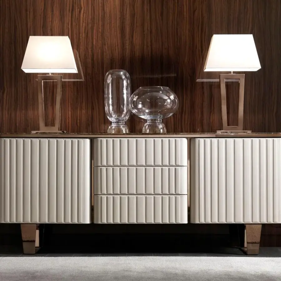 Superior DV Home Collection Elite sideboard with cream leather front, metal base and matt lacquered interior
