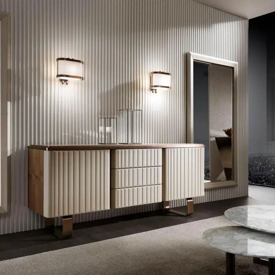 Superior DV Home Collection Elite sideboard with Noce Canaletto veneered wood and leather front exhibiting a decorative pattern