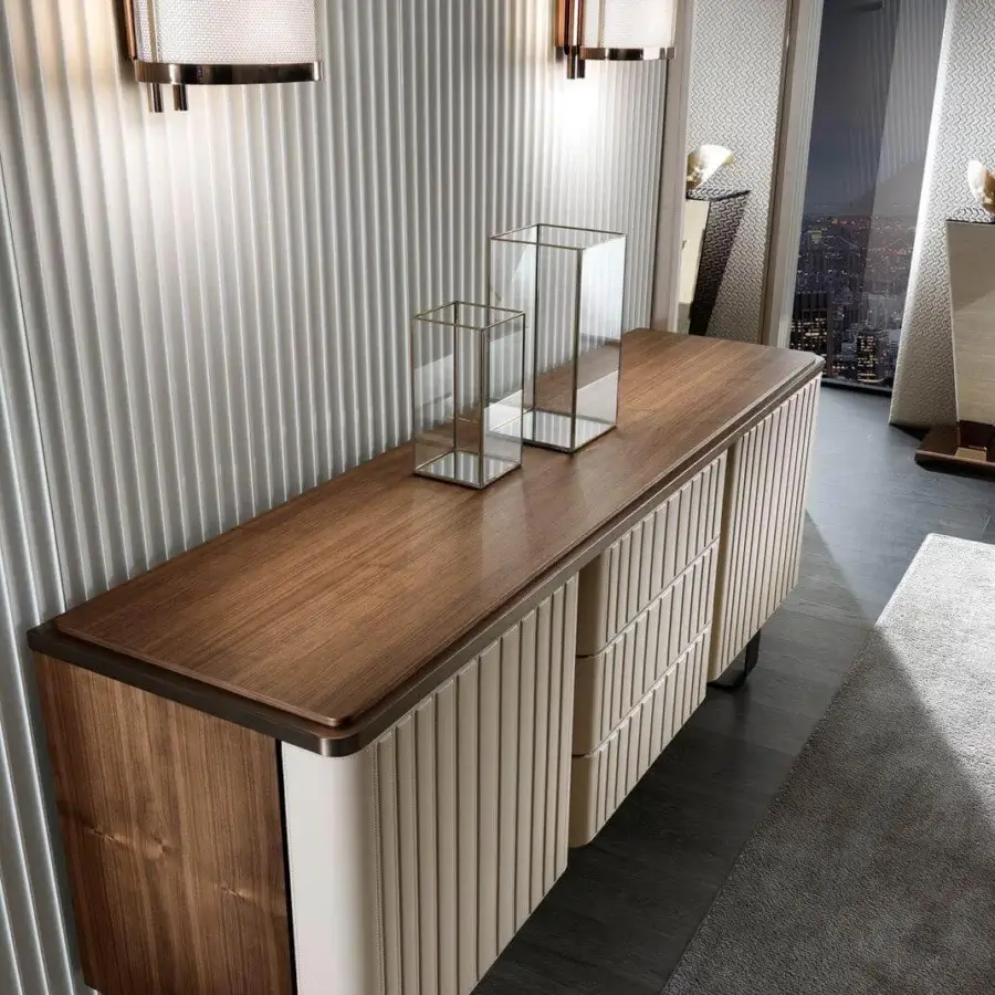 Exceptional DV Home Collection Elite sideboard with Noce Canaletto veneered wood and ribbed off-white material with metal trim
