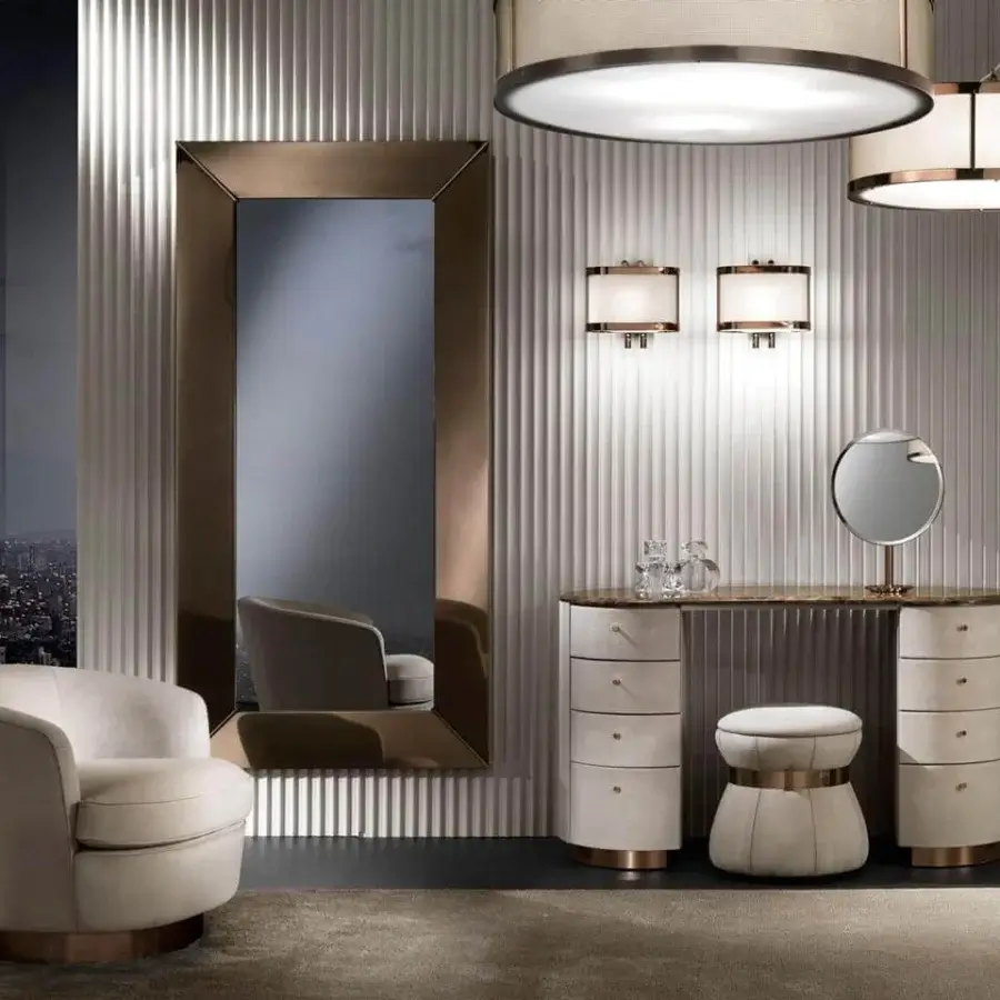 Superior DV Home Collection Tiffany vanity with light beige textile, brown and gold metal accents, and a marble top