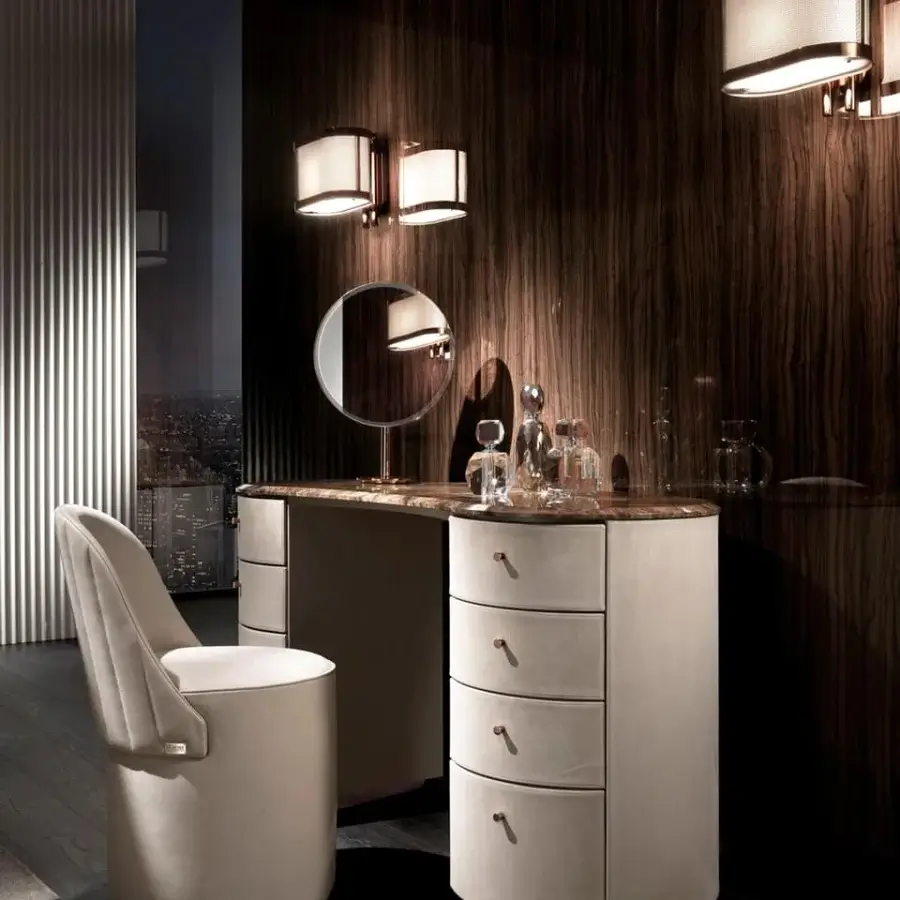Lavish DV Home Collection Tiffany vanity with rounded textile, polished marble and copper drawer pulls