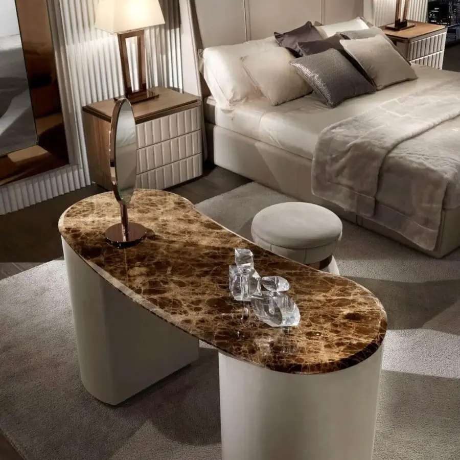 Superior DV Home Collection Tiffany vanity with glossy lacquered wood, swirling brown pattern and cream leather pedestals
