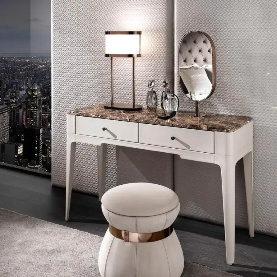Innovative DV Home Collection Coco ottoman with opening seat, solid beech wood structure and light beige textile upholstery with copper steel accents