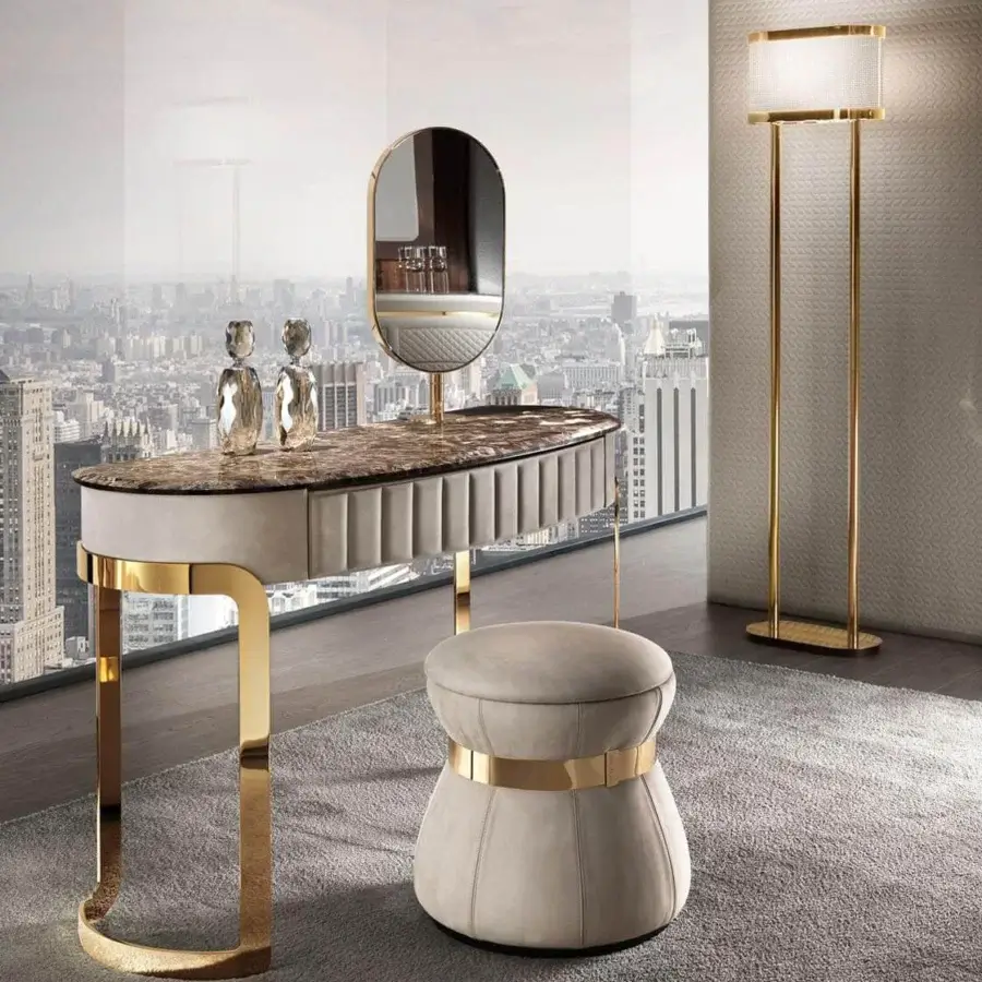 Exceptional DV Home Collection Coco ottoman in light beige textile with matte finish and refined gold steel insert built with beech wood
