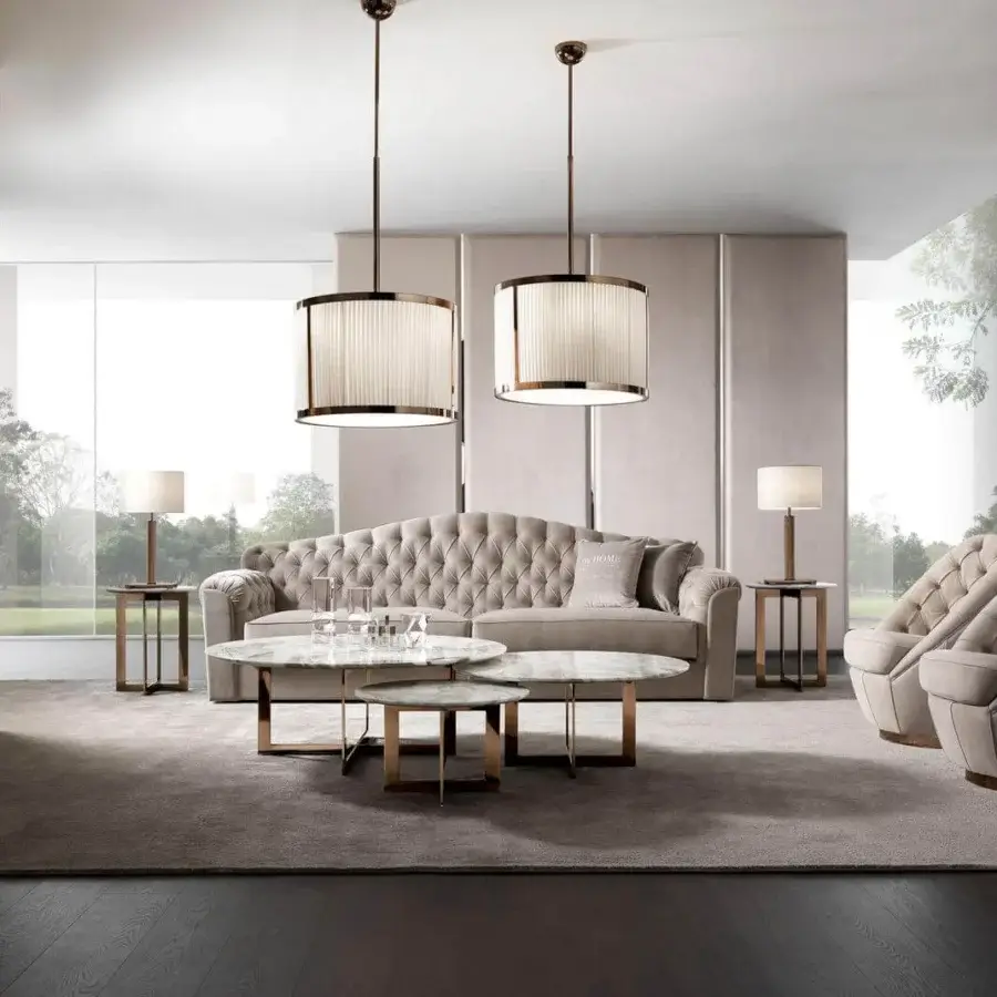 Distinguished DV Home Collection Windsor suspension lamp with a white textile pleated lampshade and copper-toned metal structure