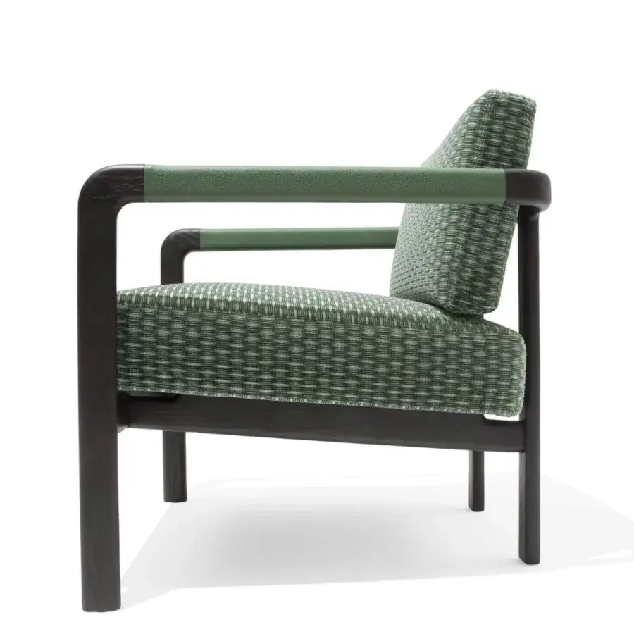 Distinguished Giorgetti Montgomery lounge chair with solid ash structure, green woven textile and leather armrests in dark brown matte finish