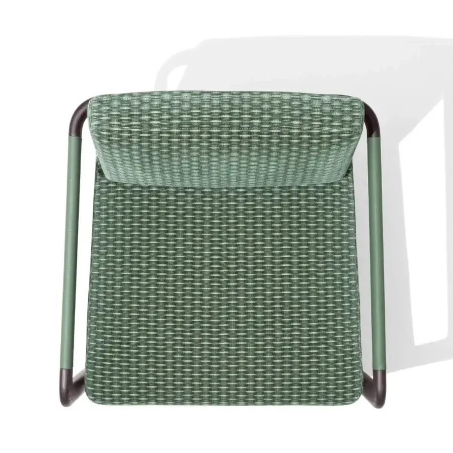 Sophisticated Giorgetti Montgomery lounge chair with solid ash, green woven textile cushions and matte green metal frame
