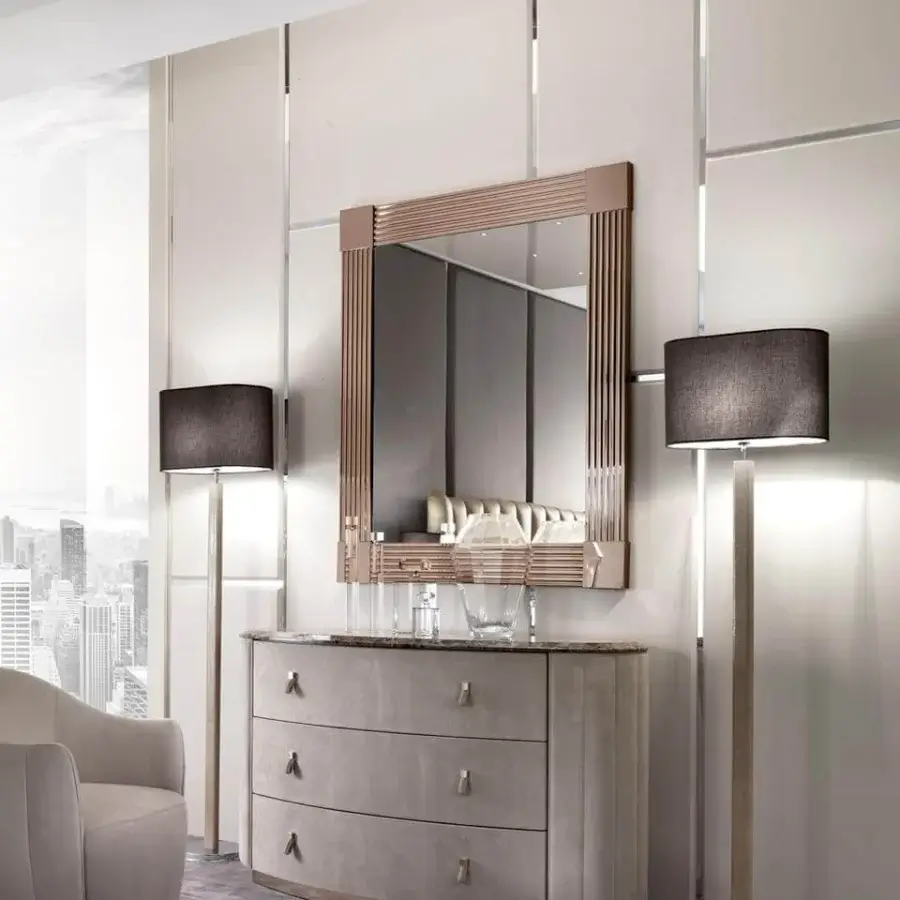 Distinguished DV Home Collection Windsor mirror with stainless steel frame and natural beveled glass in a light brown finish