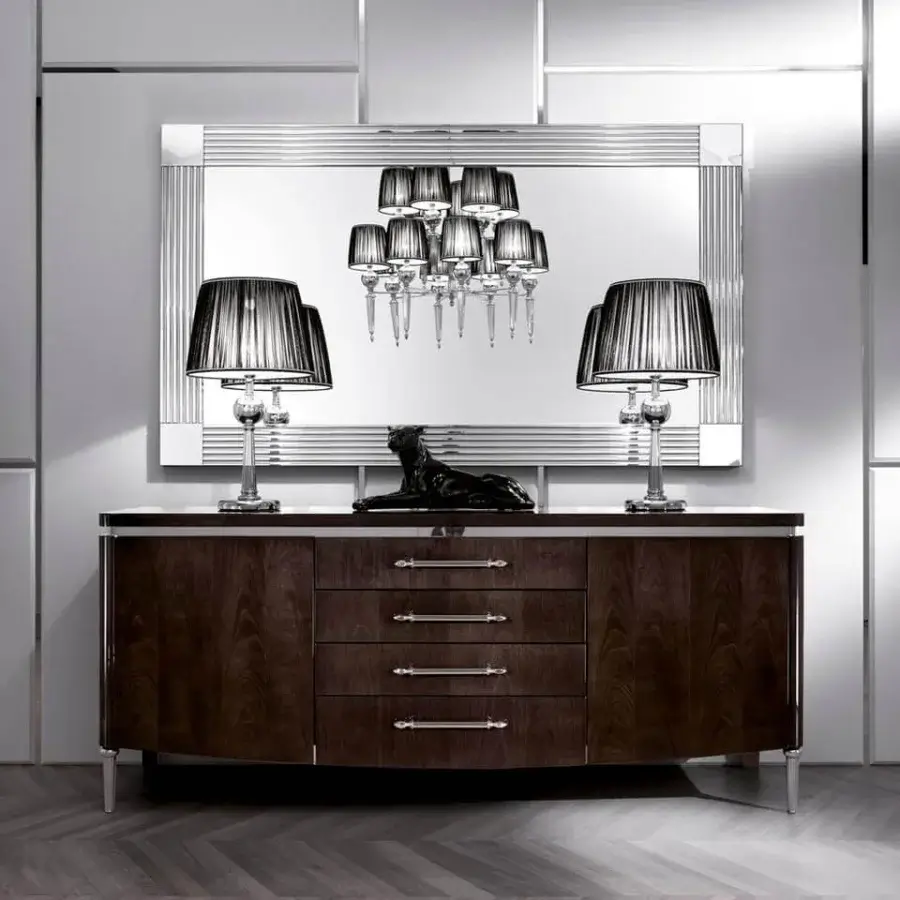 Elegant DV Home Collection Windsor mirror with multilayered structure in stainless steel and natural beveled reflective glass with glossy finish