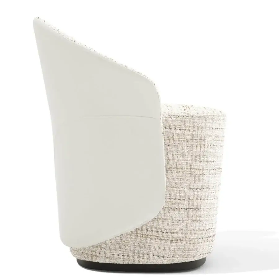 Exceptional Giorgetti Annette armchair upholstered in light woven textile with a curved, smooth light-colored back panel and graphic stitching
