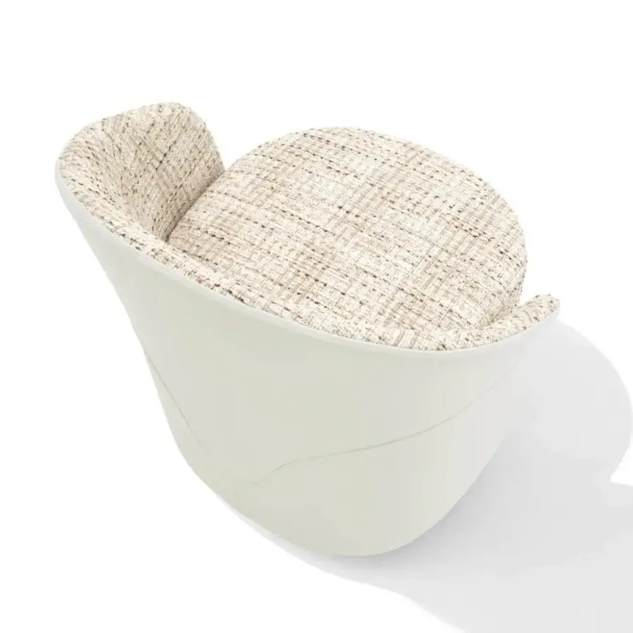Superior Giorgetti Annette armchair upholstered in woven textile with beige, tan, and cream tones and off-white shell