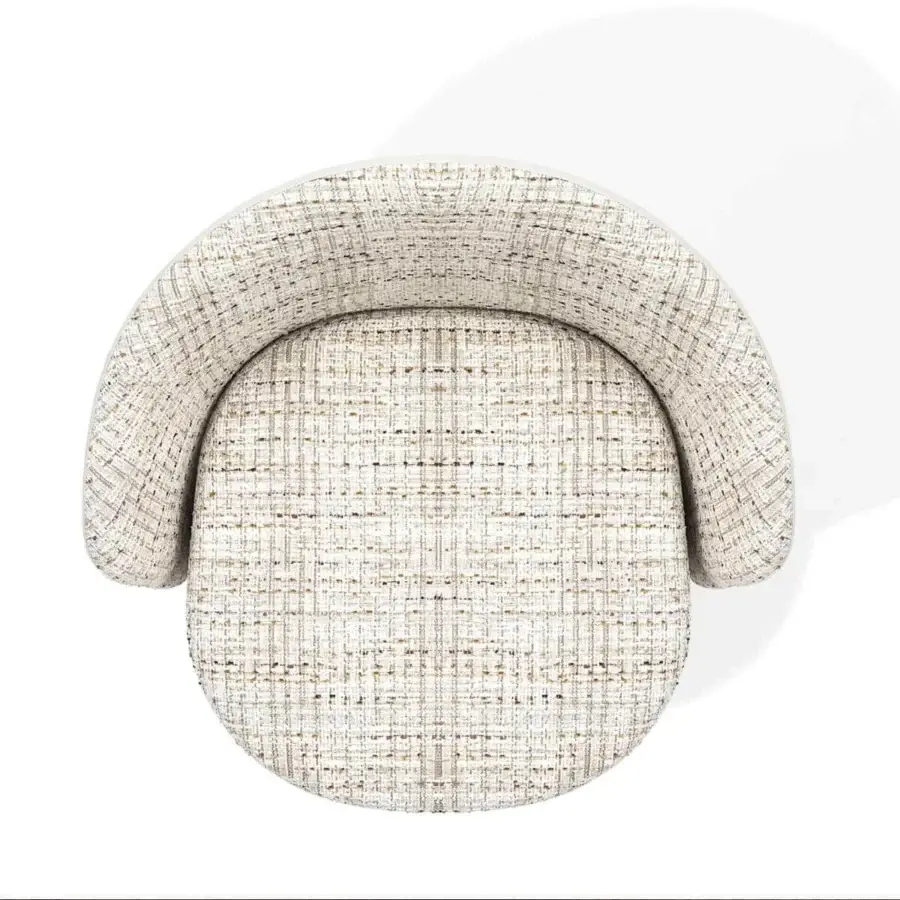 Elegant Giorgetti Annette armchair upholstered in woven beige and cream textile with full, rounded forms