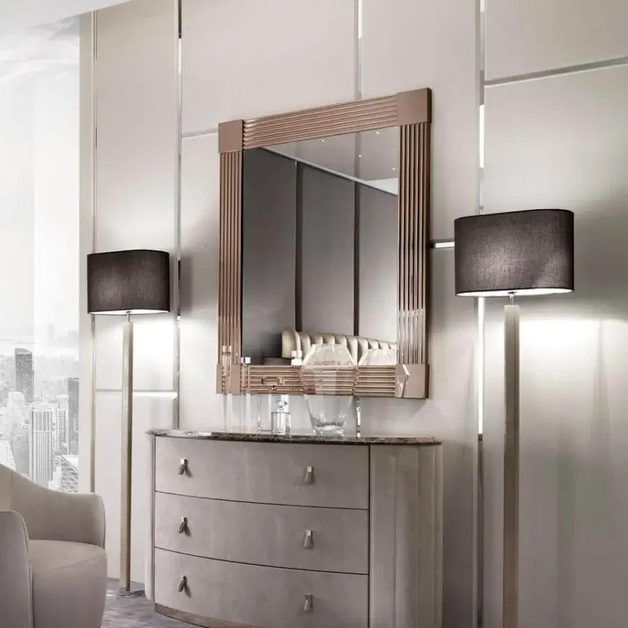 Exclusive DV Home Collection Adler floor lamp in Alligatore leather with a refined chrome base and dark-toned textile lampshade