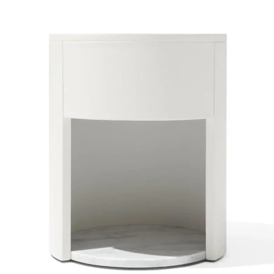 Elegant Giorgetti Side Vibe nightstand crafted in white leather with a marble top and sycamore drawer interior