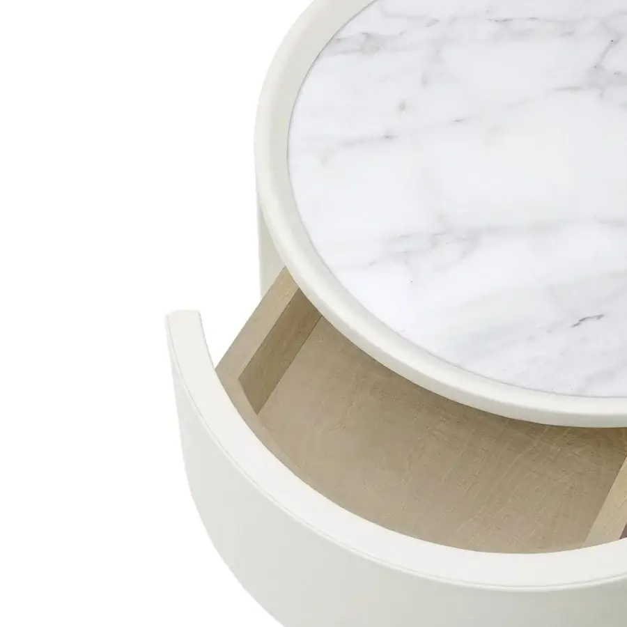 Exceptional Giorgetti Side Vibe nightstand crafted in white leather with marble tops and a sycamore drawer interior