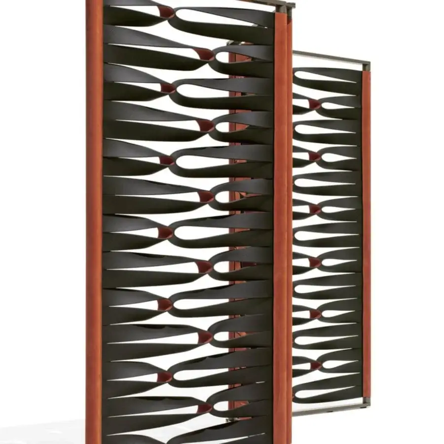 Exceptional Giorgetti Borealis room divider with rotating aluminum panels and woven leather bands in warm brown wood