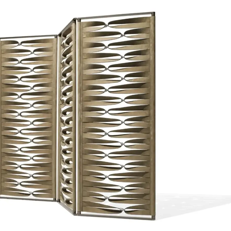 Distinguished Giorgetti Borealis room divider with rotating aluminum panels and a tan leather band crafted with a seductive see-through effect