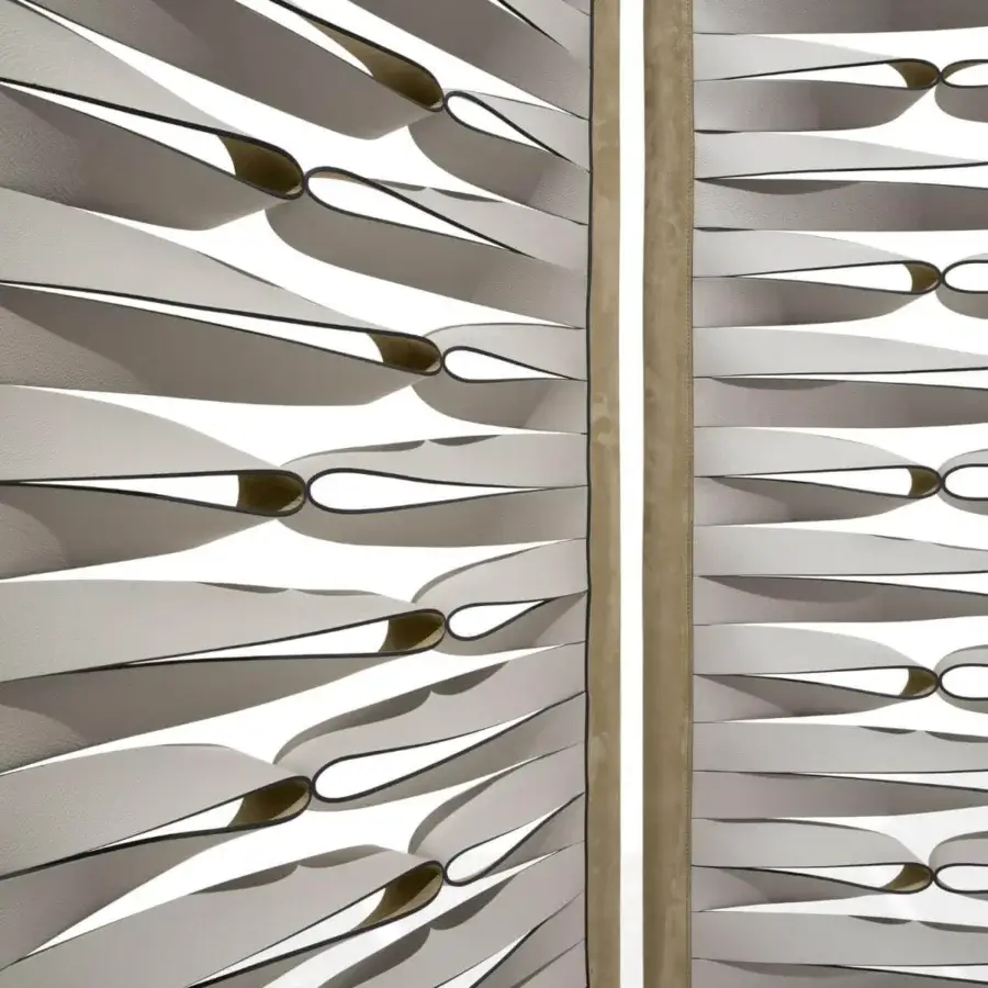 Innovative Giorgetti Borealis room divider with rotating aluminum panels and unique two-tone leather bands in a light gray matte finish