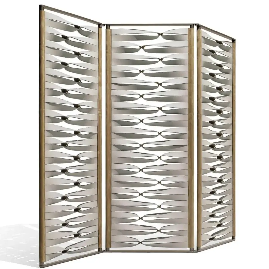 Exceptional Giorgetti Borealis room divider with rotating aluminum panels framed in light brown wood and a leather band