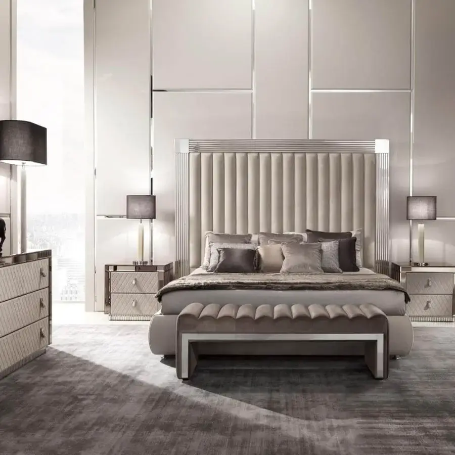 Superior DV Home Collection Windsor bed with quilted light beige textile and refined stainless steel trim