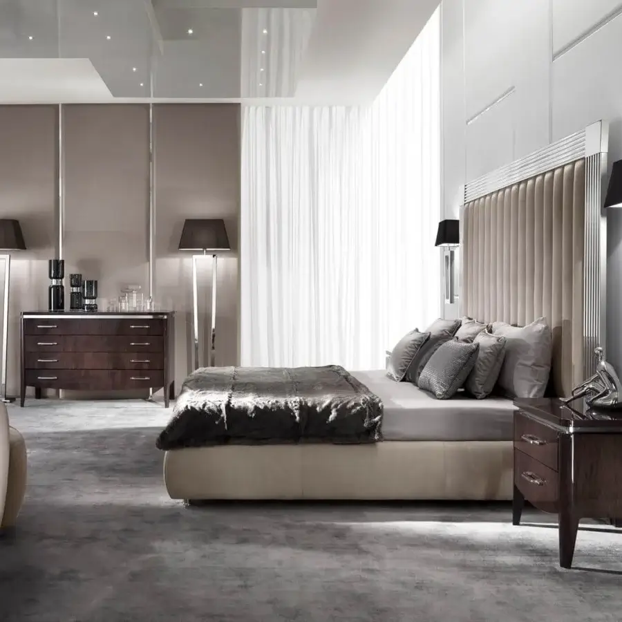 Distinguished DV Home Collection Windsor bed with multilayer light beige fabric upholstery and bright silver stainless steel frame